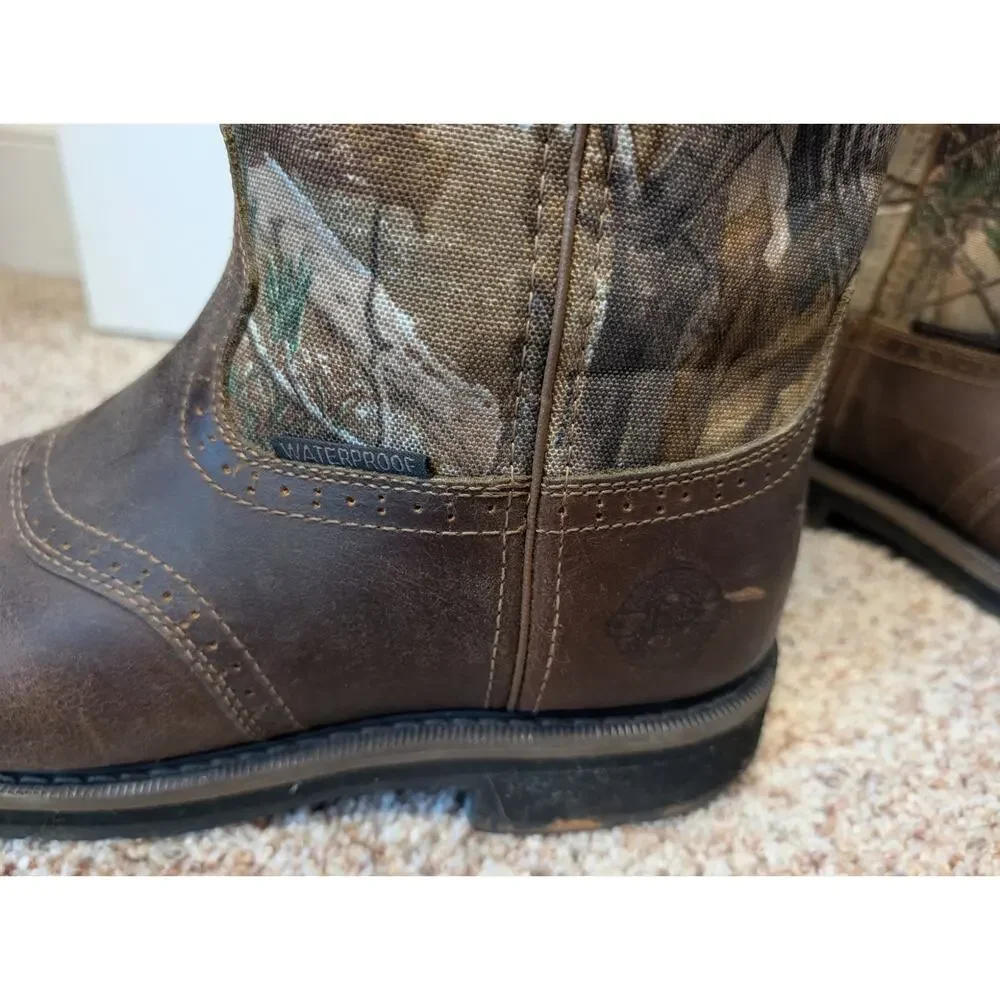 Justin WK4675 Men 11D Brown Leather Camo Waterproof Western Work Boots Pull On